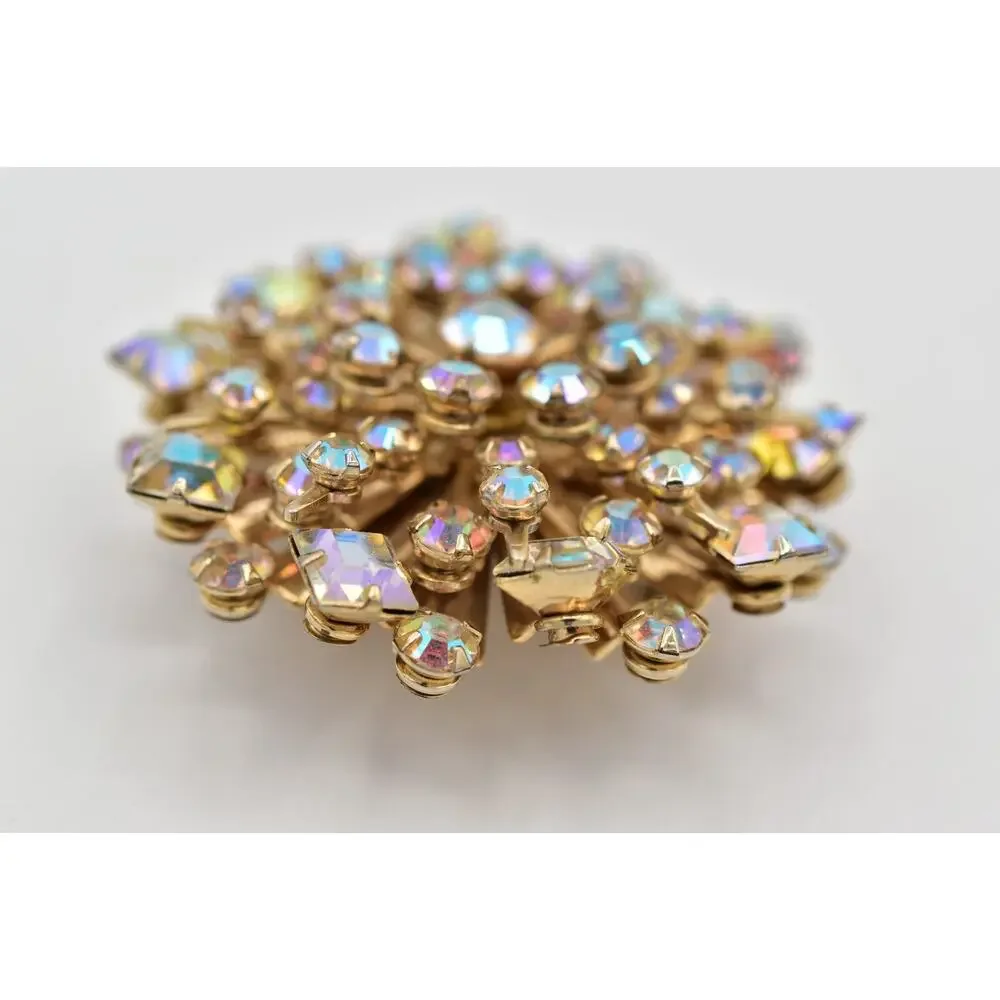 Vintage Crystal Starburst Flower Pin Brooch Aurora Borealis Rhinestone 60s BinBI